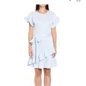 Striped, fitted faux wrap dress